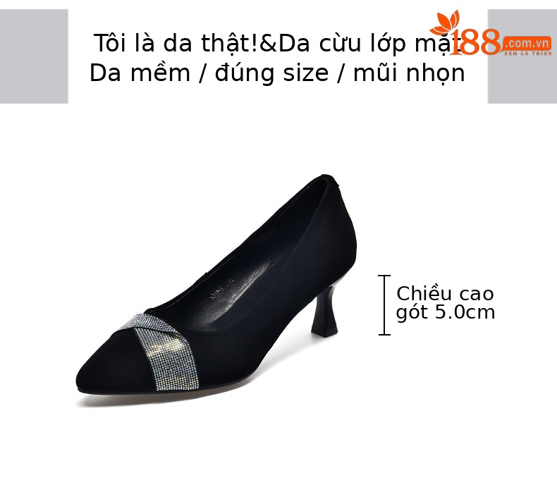 Giày cao gót nữ mũi nhọn miệng nông da lộn gót nhọn — Màu đen chi tiết 2