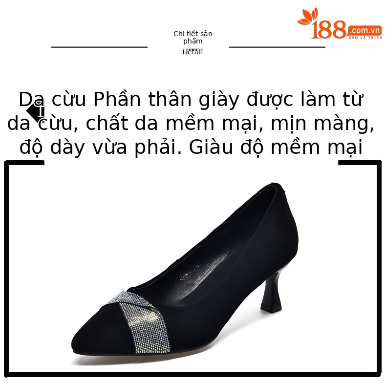 Giày cao gót nữ mũi nhọn miệng nông da lộn gót nhọn — Màu đen chi tiết 9