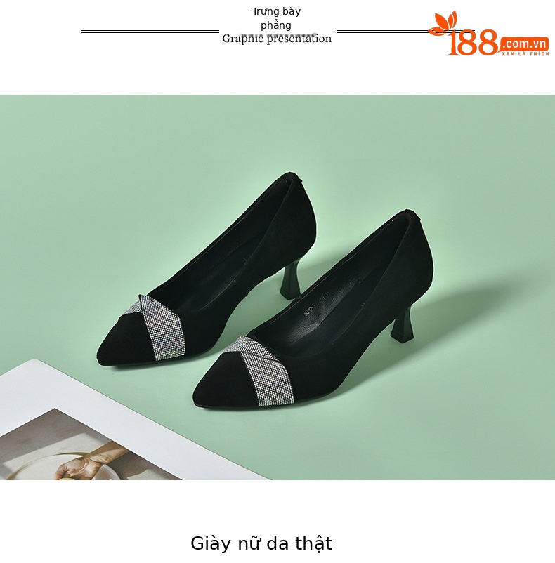 Giày cao gót nữ mũi nhọn miệng nông da lộn gót nhọn — Màu đen chi tiết 13