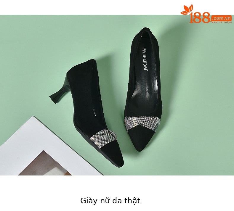 Giày cao gót nữ mũi nhọn miệng nông da lộn gót nhọn — Màu đen chi tiết 15