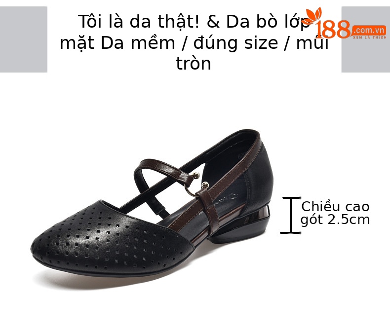 Sandal bít mũi nữ da mềm đế bằng khoét lỗ mũi tròn gót thấp — Màu đen chi tiết 2