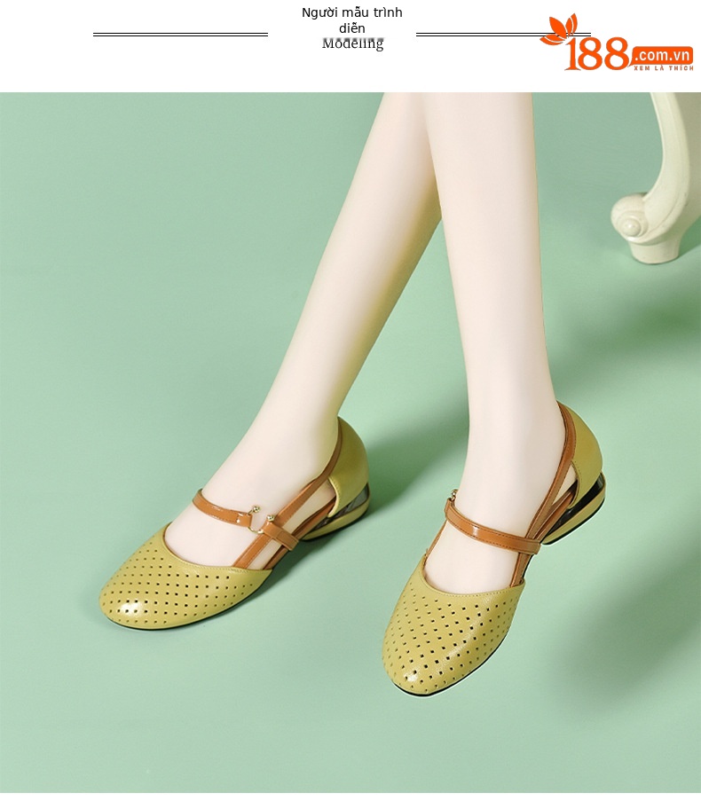 Sandal bít mũi nữ da mềm đế bằng khoét lỗ mũi tròn gót thấp — Màu đen chi tiết 4