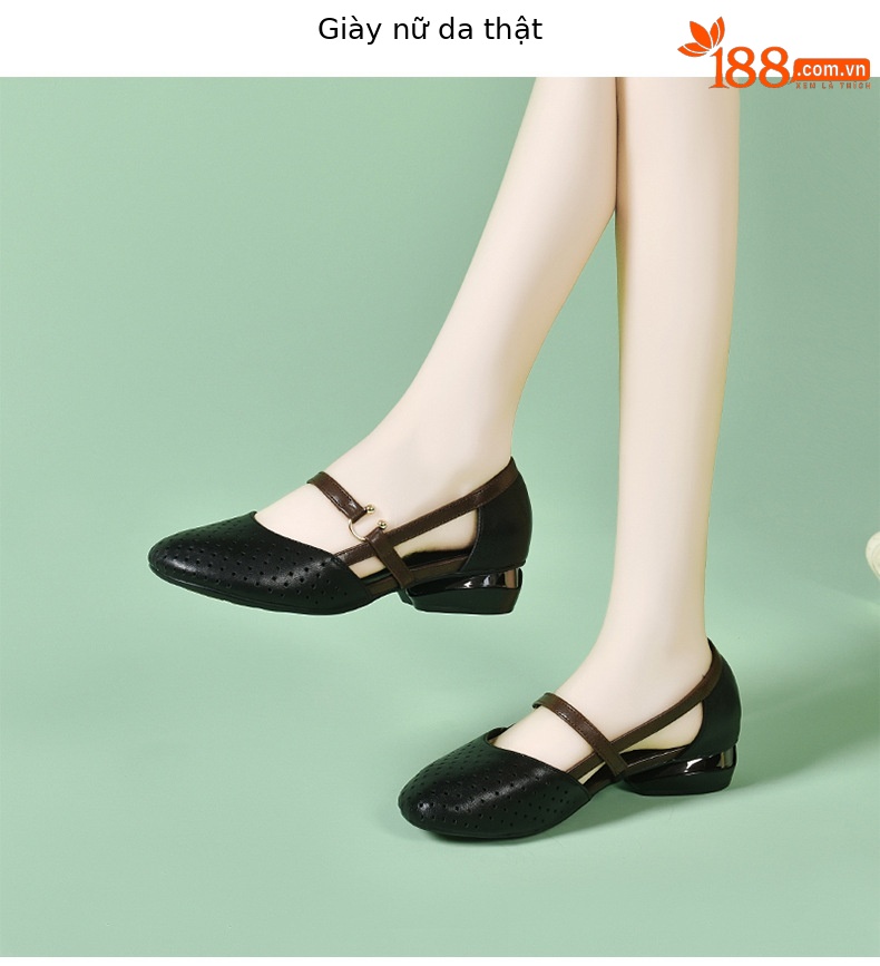 Sandal bít mũi nữ da mềm đế bằng khoét lỗ mũi tròn gót thấp — Màu đen chi tiết 5