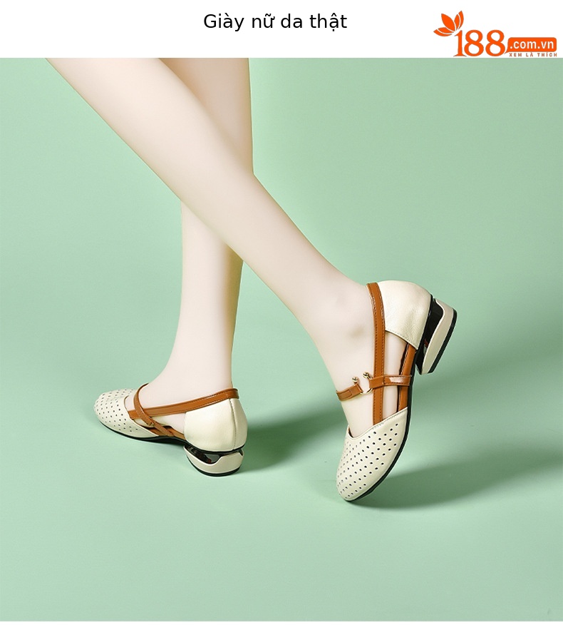 Sandal bít mũi nữ da mềm đế bằng khoét lỗ mũi tròn gót thấp — Màu đen chi tiết 6