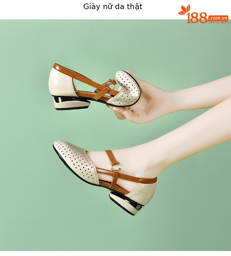 Sandal bít mũi nữ da mềm đế bằng khoét lỗ mũi tròn gót thấp — Màu đen chi tiết 8