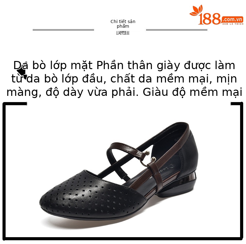 Sandal bít mũi nữ da mềm đế bằng khoét lỗ mũi tròn gót thấp — Màu đen chi tiết 9