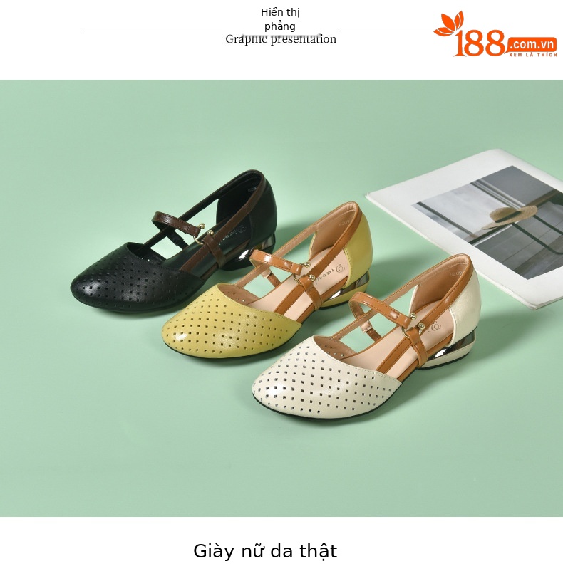 Sandal bít mũi nữ da mềm đế bằng khoét lỗ mũi tròn gót thấp — Màu đen chi tiết 13