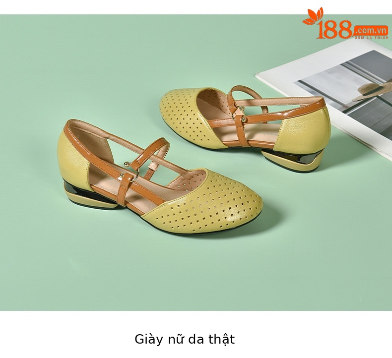 Sandal bít mũi nữ da mềm đế bằng khoét lỗ mũi tròn gót thấp — Màu đen chi tiết 14