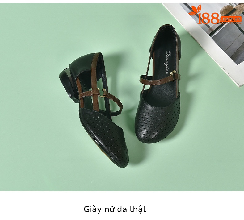 Sandal bít mũi nữ da mềm đế bằng khoét lỗ mũi tròn gót thấp — Màu đen chi tiết 15