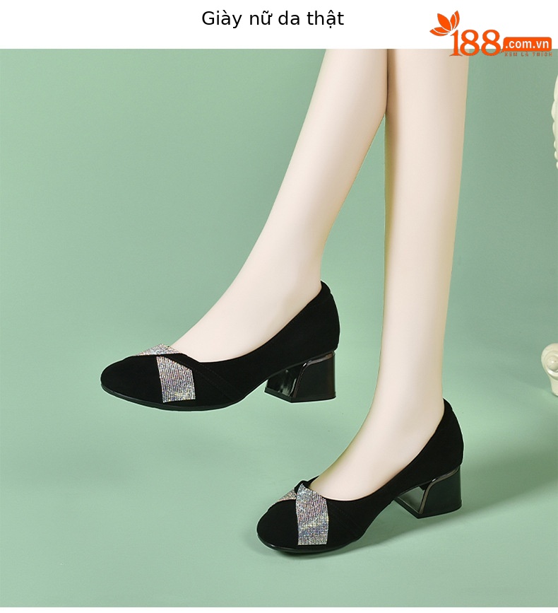Giày lười nữ da mềm mũi vuông gót thấp — Màu đen chi tiết 5