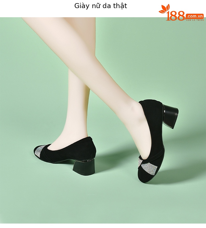 Giày lười nữ da mềm mũi vuông gót thấp — Màu đen chi tiết 8