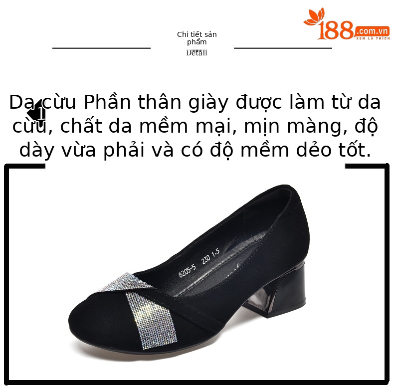Giày lười nữ da mềm mũi vuông gót thấp — Màu đen chi tiết 9