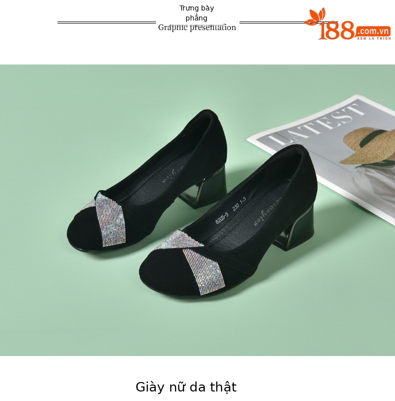 Giày lười nữ da mềm mũi vuông gót thấp — Màu đen chi tiết 13