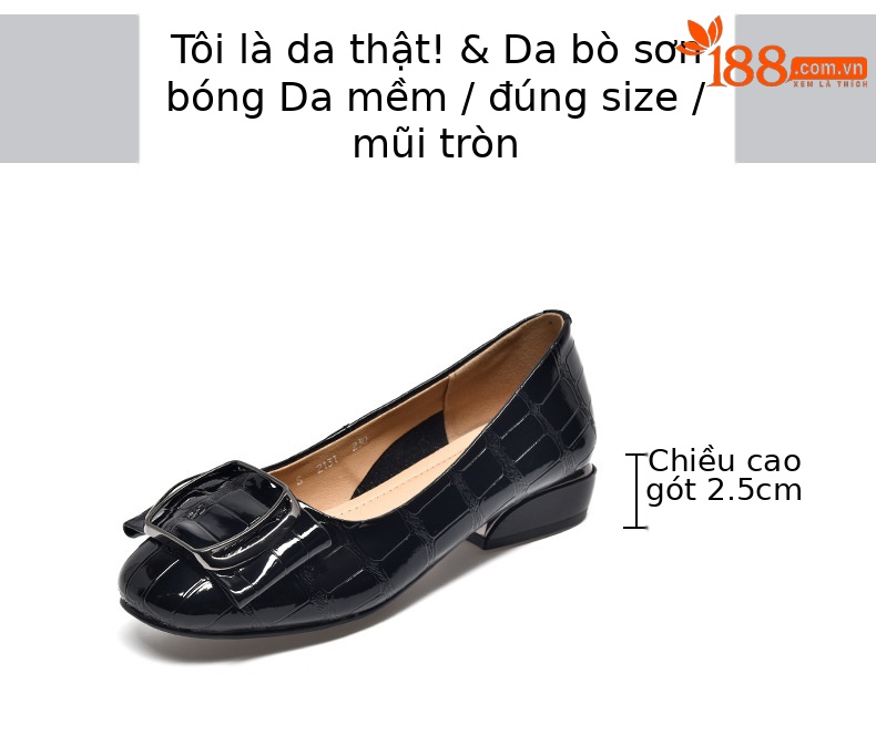 Giày lười nữ mũi tròn da mềm đế bệt miệng nông — màu đen chi tiết 2