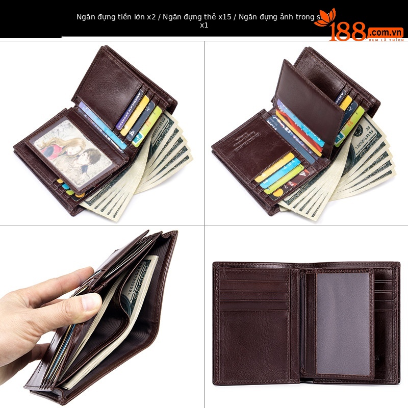 Ví da nam gập mini chống RFID da bò thật — Màu cà phê, Màu đen, Màu cà phê (có hộp quà), Màu đen (có hộp quà)