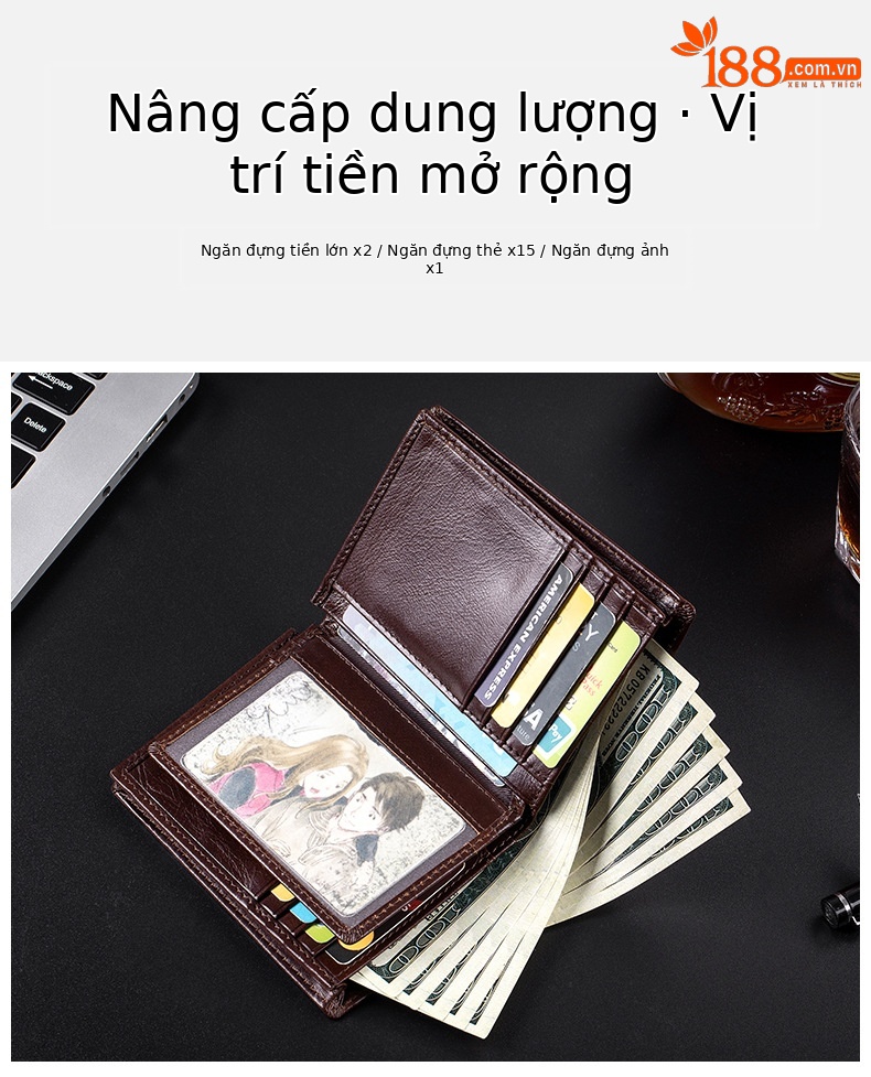 Ví da nam gập mini chống RFID da bò thật — Màu cà phê, Màu đen, Màu cà phê (có hộp quà), Màu đen (có hộp quà) chi tiết 6