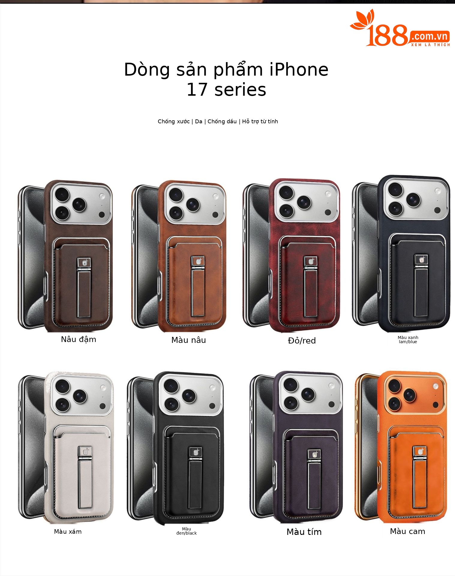 Ốp lưng da từ tính cao cấp có khe đựng thẻ cho iPhone 16/17 Pro Max — Mẫu thẻ hút từ tính [màu nâu thanh lịch], Mẫu thẻ hút từ tính [Moka nâu], Mẫu thẻ hút từ tính [đen quý phái], Mẫu thẻ hút từ tính [màu đỏ] chi tiết 17