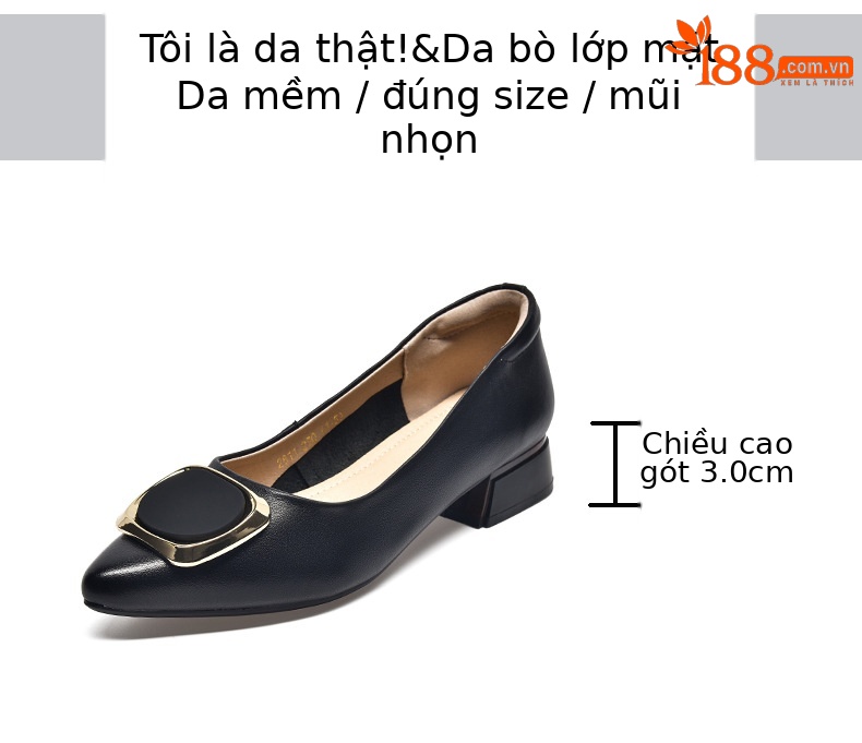 Giày lười nữ da thật đế thấp mũi nhọn miệng nông — màu đen chi tiết 2