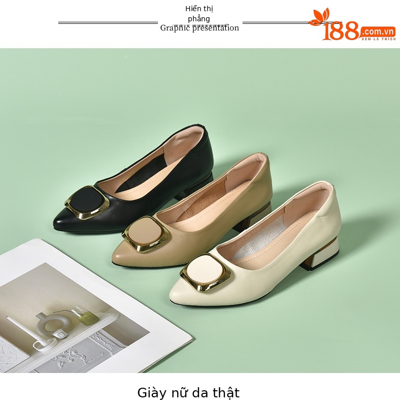 Giày lười nữ da thật đế thấp mũi nhọn miệng nông — màu đen chi tiết 13