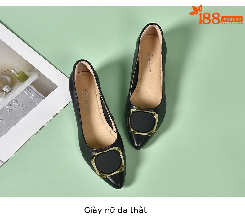 Giày lười nữ da thật đế thấp mũi nhọn miệng nông — màu đen chi tiết 15