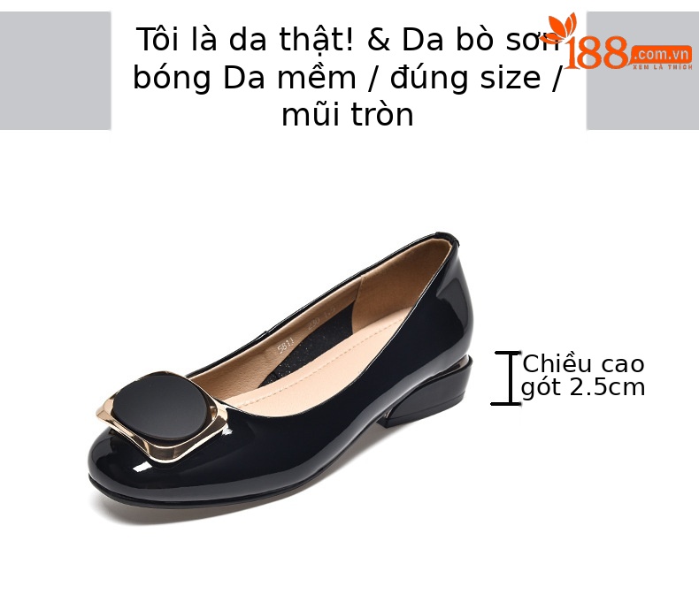 Giày lười nữ da bóng mũi tròn đế bệt mềm miệng nông — Màu đen chi tiết 2