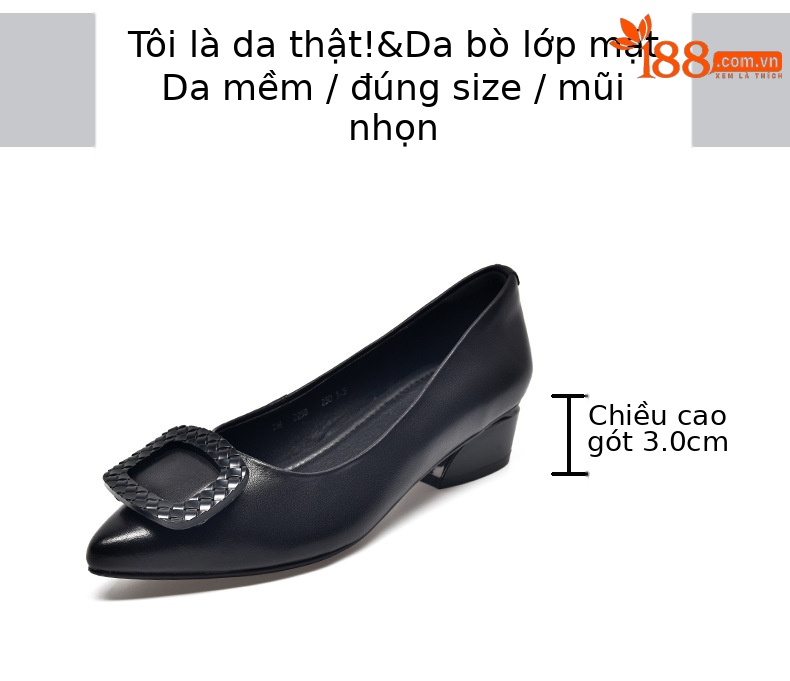 Giày lười da nữ mũi nhọn đế mềm gót thấp — Màu đen chi tiết 2