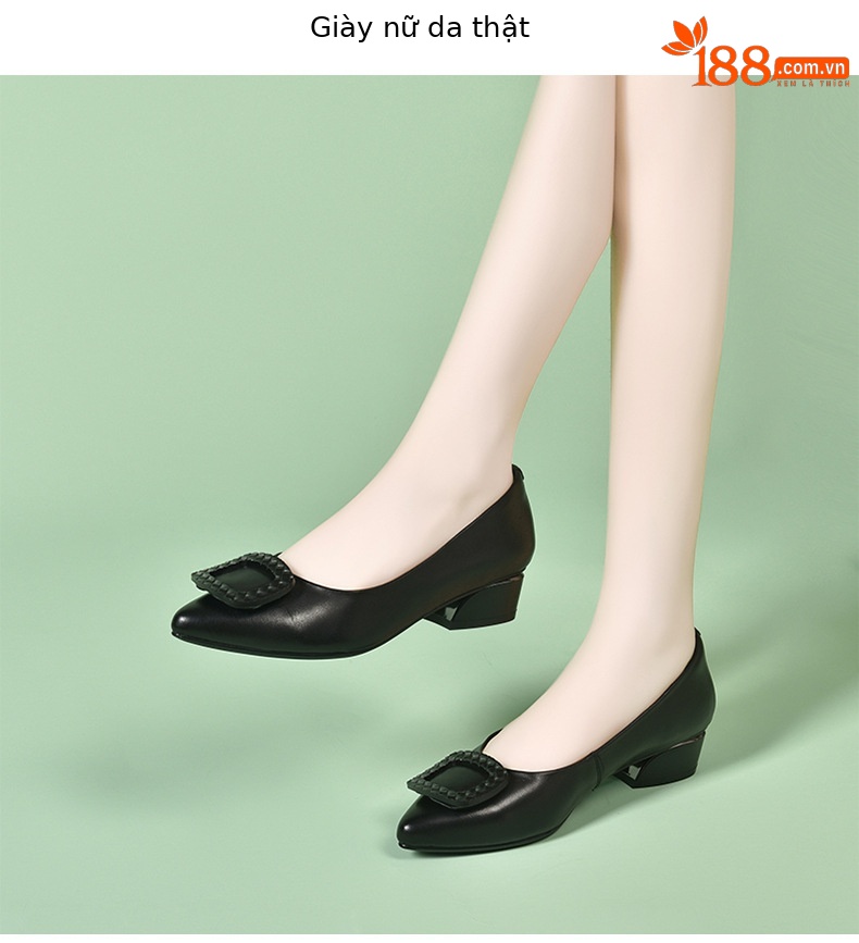 Giày lười da nữ mũi nhọn đế mềm gót thấp — Màu đen chi tiết 5