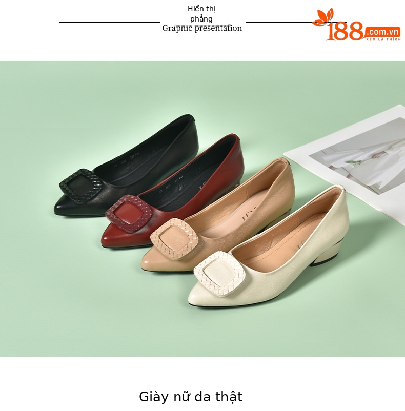 Giày lười da nữ mũi nhọn đế mềm gót thấp — Màu đen chi tiết 13