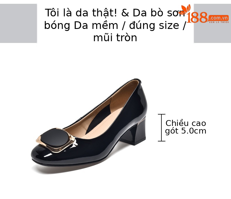 Giày cao gót nữ mũi nhọn gót vuông da bóng kiểu xuân hè — Màu đen chi tiết 2