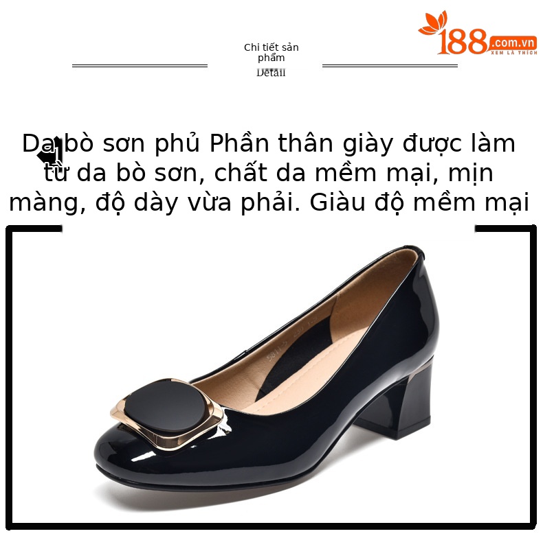 Giày cao gót nữ mũi nhọn gót vuông da bóng kiểu xuân hè — Màu đen chi tiết 9