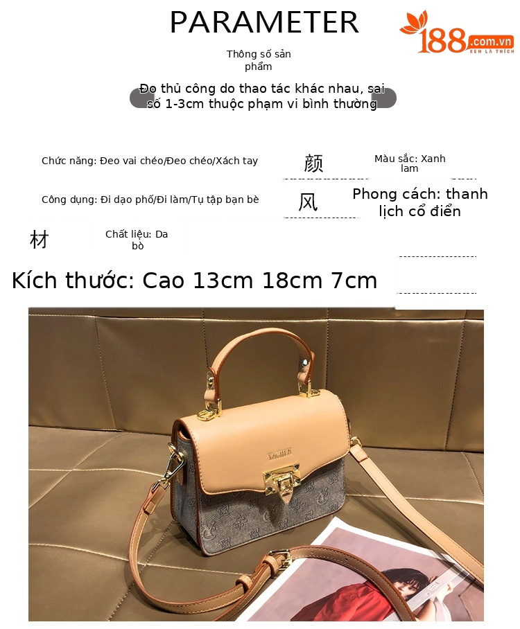 Túi đeo chéo nữ dáng vuông nhỏ gọn, phong cách công sở, quai đeo vai và xách tay tiện lợi — Màu xanh Yachen/kaki chi tiết 1