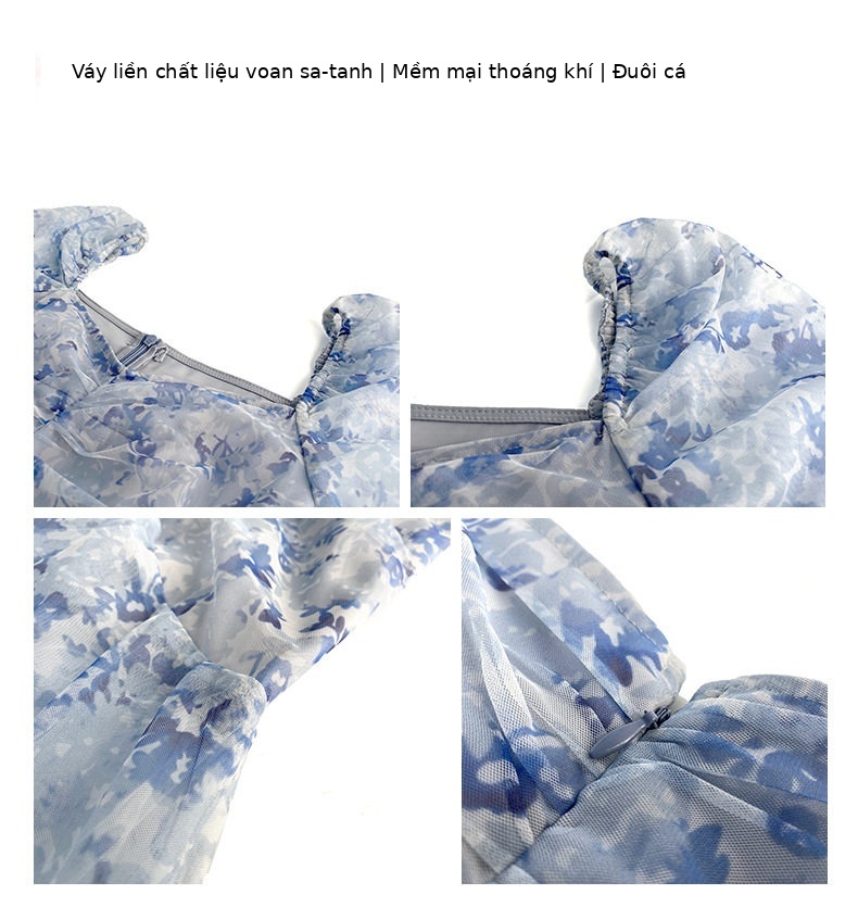Đầm maxi nữ thắt eo cổ vuông họa tiết hoa tay bồng — [Xanh nhạt] chi tiết 3