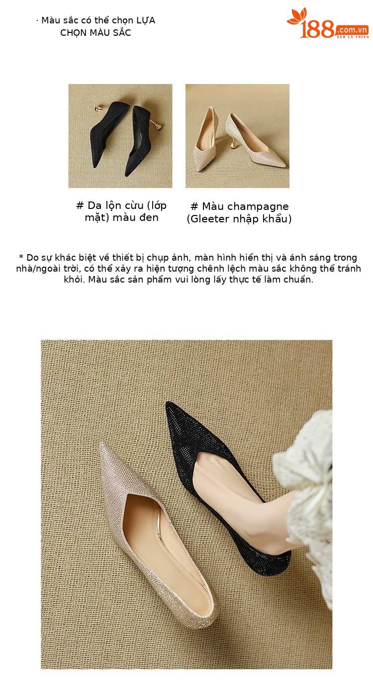 Giày cao gót nữ mũi nhọn gót 9 cm pha lê lấp lánh màu sâm panh — Màu đen chi tiết 3