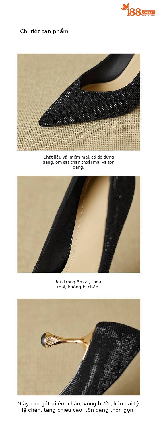 Giày cao gót nữ mũi nhọn gót 9 cm pha lê lấp lánh màu sâm panh — Màu đen chi tiết 4