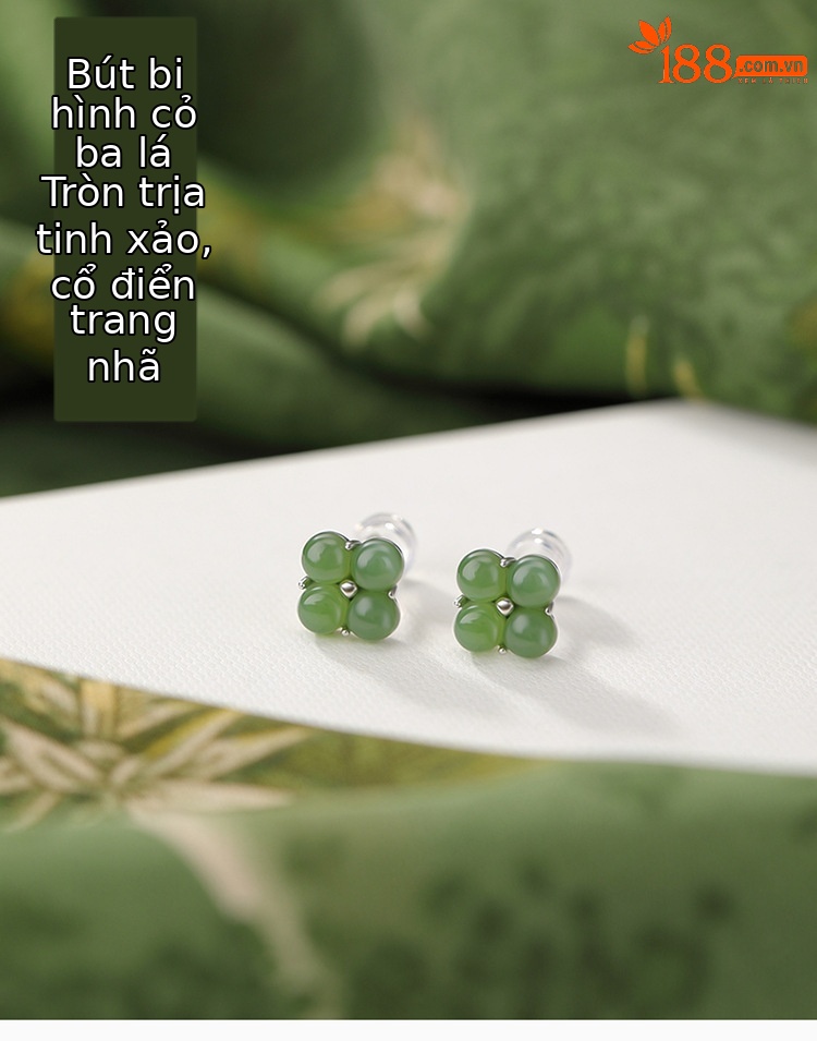 Bông tai bạc S925 đính đá ngọc bích hạt tròn hình cỏ bốn lá may mắn — Một cặp chi tiết 2