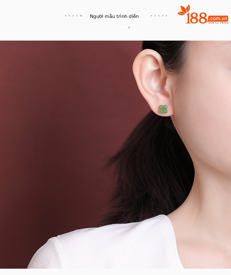 Bông tai bạc S925 đính đá ngọc bích hạt tròn hình cỏ bốn lá may mắn — Một cặp chi tiết 4