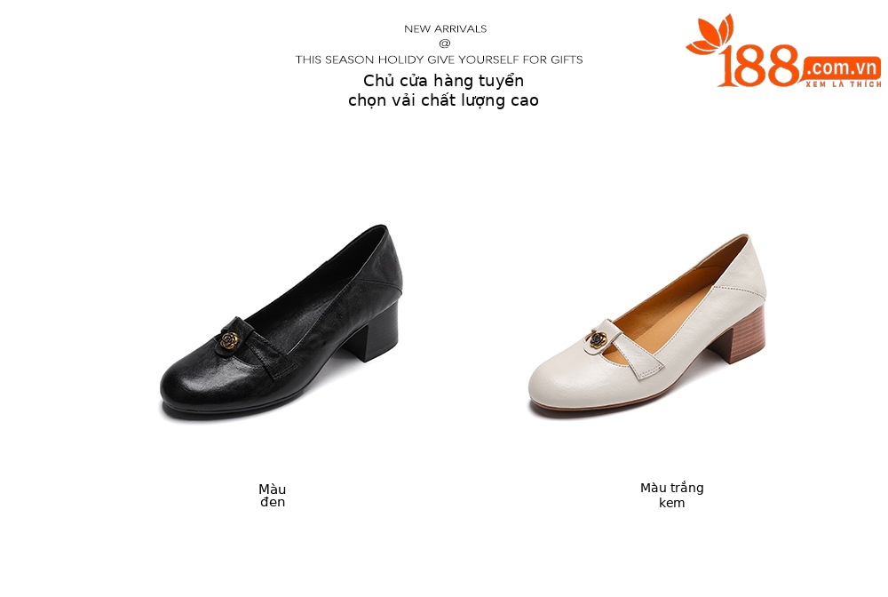 Giày da cừu mũi tròn gót vuông miệng nông gót 4,5 cm — Màu đen chi tiết 5