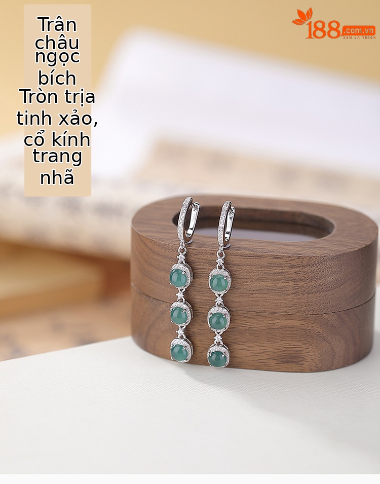 Khuyên tai nữ dài bạc S925 đá ngọc bích xanh hình học — Một cặp chi tiết 1