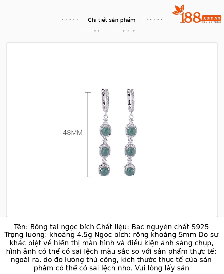 Khuyên tai nữ dài bạc S925 đá ngọc bích xanh hình học — Một cặp chi tiết 2