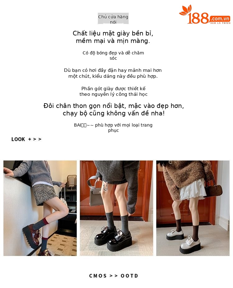 Giày da nữ mũi tròn đế xuồng phong cách Anh nơ buộc — Màu đen, Màu đỏ rượu, Màu trắng chi tiết 20