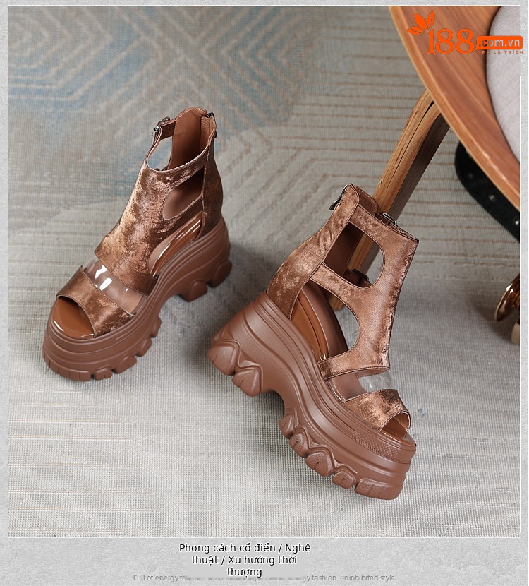 Sandal La Mã miệng cá nữ gót xuồng cao 12 cm đế dày da thật — Màu đen chi tiết 11