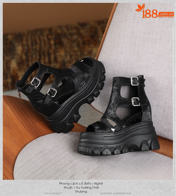 Sandal La Mã miệng cá nữ gót xuồng cao 12 cm đế dày da thật — Màu đen chi tiết 12