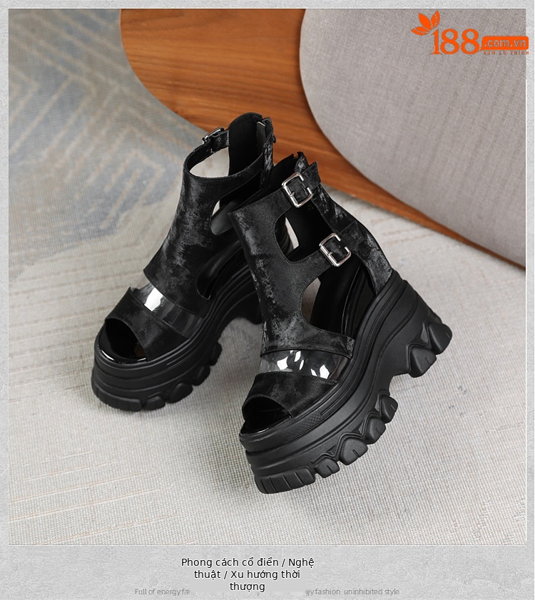 Sandal La Mã miệng cá nữ gót xuồng cao 12 cm đế dày da thật — Màu đen chi tiết 13
