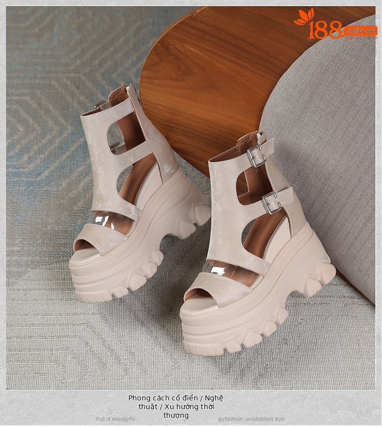 Sandal La Mã miệng cá nữ gót xuồng cao 12 cm đế dày da thật — Màu đen chi tiết 15