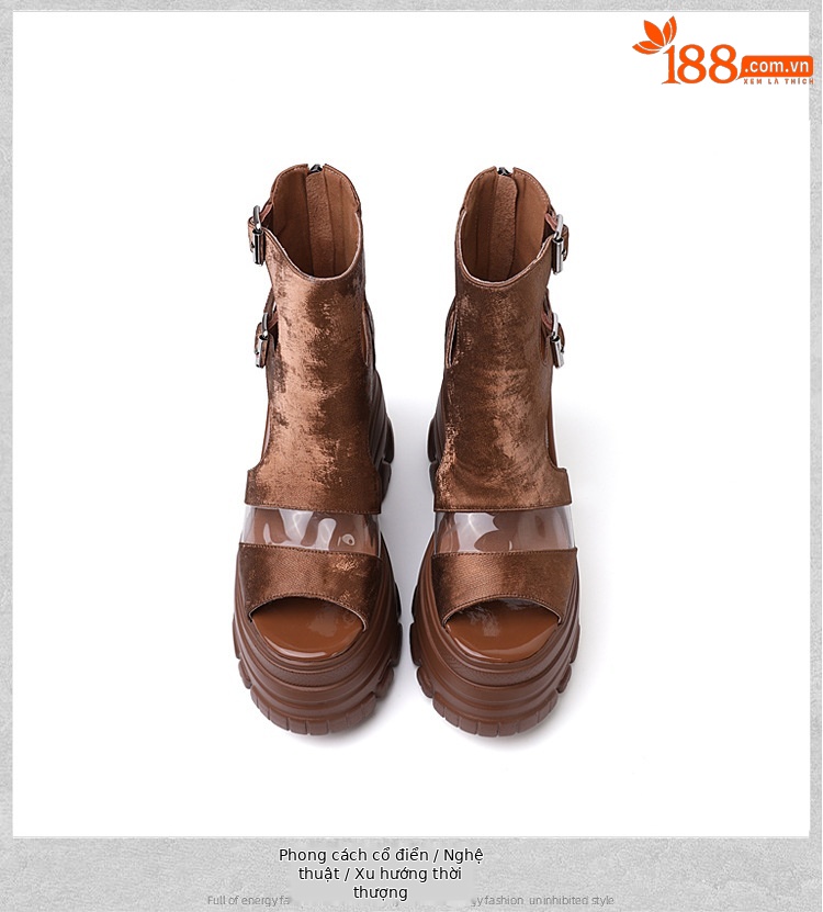 Sandal La Mã miệng cá nữ gót xuồng cao 12 cm đế dày da thật — Màu đen chi tiết 16