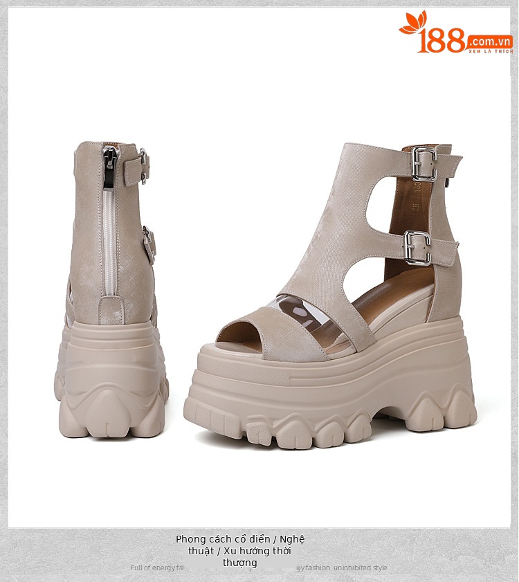 Sandal La Mã miệng cá nữ gót xuồng cao 12 cm đế dày da thật — Màu đen chi tiết 17