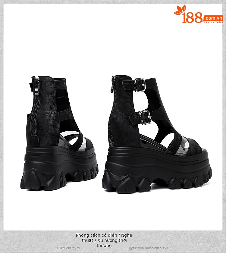 Sandal La Mã miệng cá nữ gót xuồng cao 12 cm đế dày da thật — Màu đen chi tiết 18