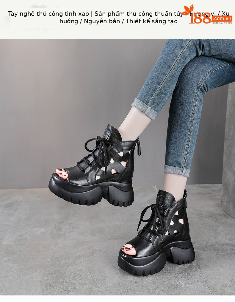 Boot nữ cổ thấp miệng cá đế dày gót 9 cm da thật — Màu đen chi tiết 1