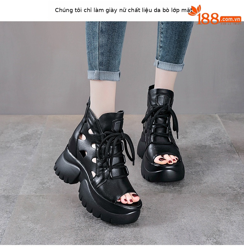 Boot nữ cổ thấp miệng cá đế dày gót 9 cm da thật — Màu đen chi tiết 2