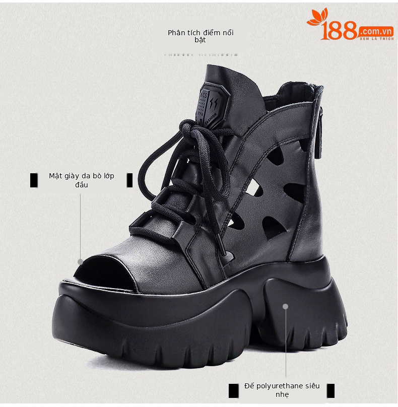 Boot nữ cổ thấp miệng cá đế dày gót 9 cm da thật — Màu đen chi tiết 3